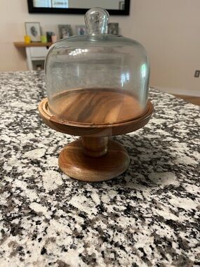 Glass Dome Cake Stand on Wooden Pedestal - Clear & Natural Wood